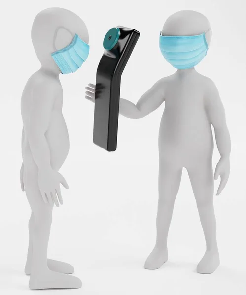 Render Van Stripfiguren Met Gezichtsmasker Thermometer — Stockfoto