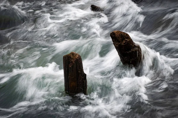 Velhas vigas no rio selvagem — Fotografia de Stock