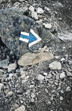 Taş kaldırım üzerindeki mavi turizm oku