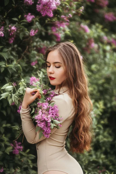 Beautiful Girl Lilac Garden Girl Lilac Flowers Springtime Gardening Royalty Free Stock Photos