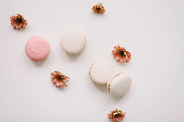 Lezzetli kurabiyeler ve beyaz arka planda çiçekler. Renkli Fransız tatlıları. 8 Mart, bahar arkaplanı. Sevgililer Günü, Kadınlar, Anneler Günü konsepti. Boşluğu kopyala, minimal biçim, düz yatış, üst görünüm. — Stok fotoğraf
