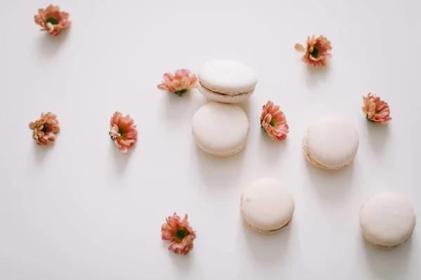 Sabrosos macarons galletas y flores sobre fondo blanco. Coloridos postres franceses. 8 de marzo, fondo de primavera. San Valentín, Mujeres, Madres concepto del día. Copiar espacio, estilo minimalista, plano, vista superior . — Foto de Stock