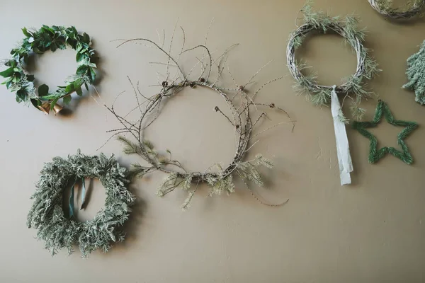 Wreath of spruce. Christmas decorations. Holiday concept. New Year holiday composition. Christmas wreaths in New Year interior.