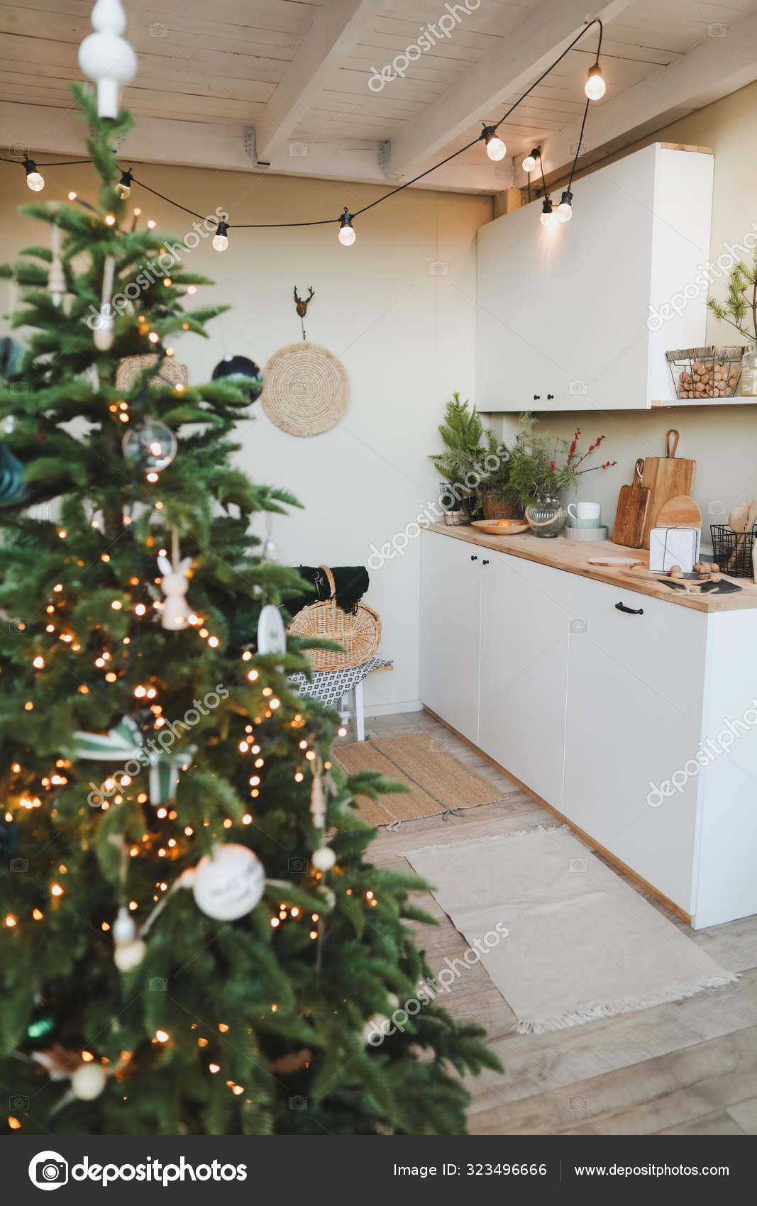 Festive Kitchen In Christmas Decorations Christmas Dining Room Beautiful New Year Decorated Classic Home Interior New Year And Christmas Background Stock Photo Image By Gkondratenko 323496666