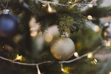 Noel ağacı dalına Noel topları asılmış. Mücevherler ve çam ağacı dalları. Noel ve Yeni Yıl geçmişi