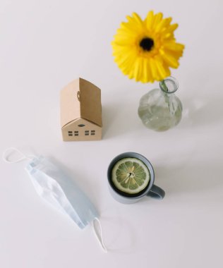 Evde kal, güvende kal. Virüs önleme ve tedavi. Tıbbi maske, termometre, vitaminler. Coronavirus COVID-19 arka planı