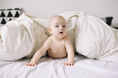 Karnını doyuran küçük bir çocuk. Sevimli bebek beyaz yatak odasında emeklemeyi öğreniyor. Yatakta yatan sevimli komik bebek.. 