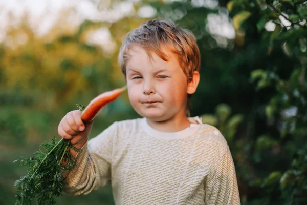 Closeup portrait of a smiling boy outdoors. Funny closeup portrait of a boy with a carrot — Stock Photo, Image