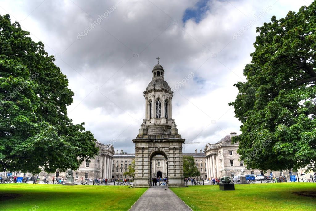 Dublin, Ireland - May 29, 2017: The courtyard of Trinity College and the Campanile of Trinity College in Dublin, Ireland on May 29, 2017.