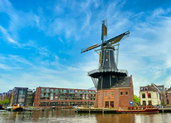 Een Windmolen Langs Grachten Haarlem Een Heldere Dag — Stockfoto
