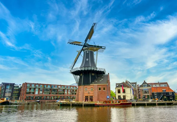 Een Windmolen Langs Grachten Haarlem Een Heldere Dag — Stockfoto