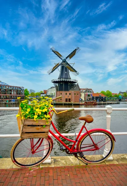 Eine Windmühle Entlang Der Kanäle Haarlem Niederlande Einem Klaren Tag — Stockfoto