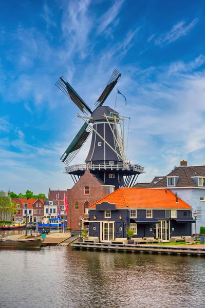 Eine Windmühle Entlang Der Kanäle Haarlem Niederlande Einem Klaren Tag — Stockfoto