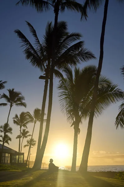 Una Silueta Observa Amanecer Kauai Hawai —  Fotos de Stock