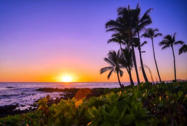 Hawaii, Kauai sahilinde gün batımı.