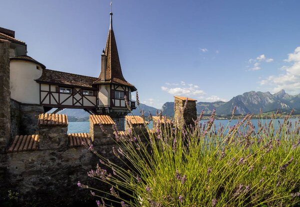 замок в Оберхофене рядом с Туном на озере Таннер в Швейцарии
