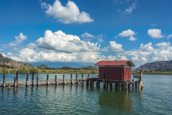 Хатина на кінці дерев'яного пірсу на озері з зеленим очеретом — стокове фото