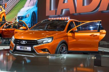 MOSCOW - AUG 2016: VAZ LADA Vesta Cross Concept presented at MIAS Moscow International Automobile Salon on August 20, 2016 in Moscow, Russia clipart
