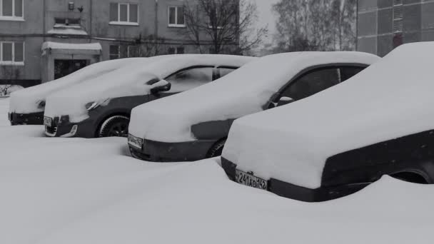 Novokuznetsk, Rusia - 08 de diciembre de 2016: Nieve cae en los coches — Vídeos de Stock