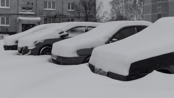 Novokuznetsk, Ryssland - 08 December 2016: Snö faller på bilar — Stockvideo