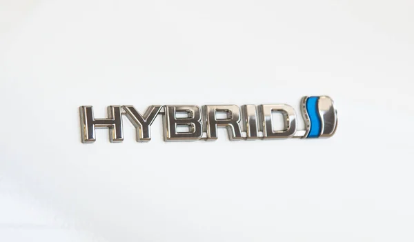 Novokuznetsk, Russia - August 24, 2017: Close up of hybrid logo on Toyota Prius car — Stock Photo, Image