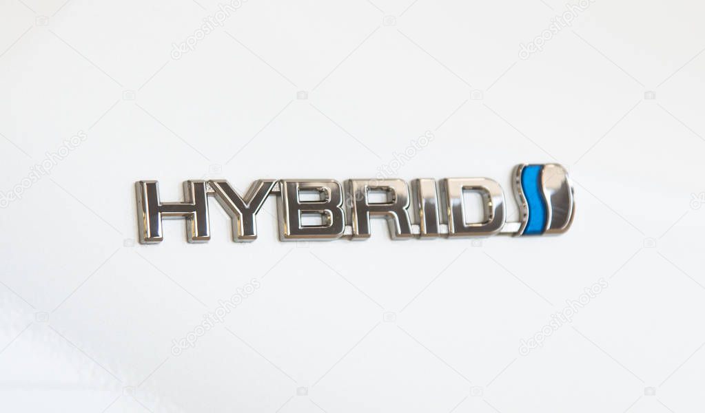 Novokuznetsk, Russia - August 24, 2017: Close up of hybrid logo on Toyota Prius car