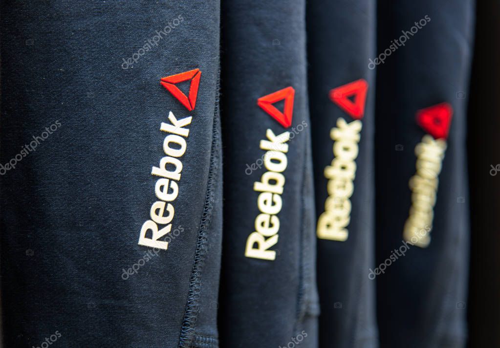Novokuznetsk, Russia - August 30, 2017: Close-up Reebok logo on pants