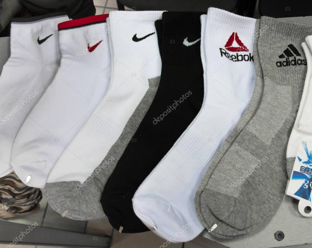 Novokuznetsk, Russia - August 30, 2017: Socks of different brands