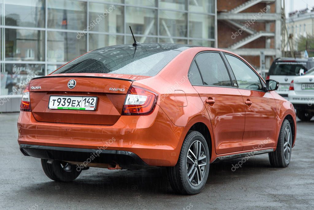 Novokuznetsk, Russia - September 02, 2017: Skoda Rapid Monte Carlo on parking (back view)