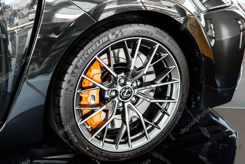 Novokuznetsk, Russia - August 24, 2017: Tire Michelin pilot super sport on Lexus GS F in dealership Lexus in Novokuznetsk