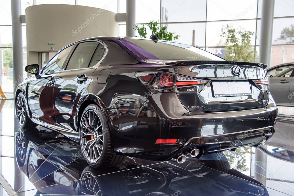 Novokuznetsk, Russia - August 24, 2017: Lexus GS F back view in dealership Lexus in Novokuznetsk