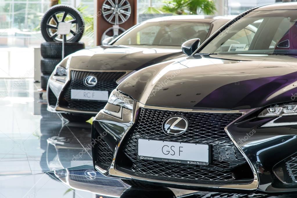 Novokuznetsk, Russia - August 24, 2017: Lexus GS F and Lexus RC F in dealership Lexus in Novokuznetsk