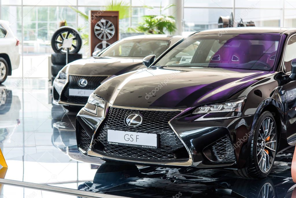 Novokuznetsk, Russia - August 24, 2017: Lexus GS F and Lexus RC F in dealership Lexus in Novokuznetsk
