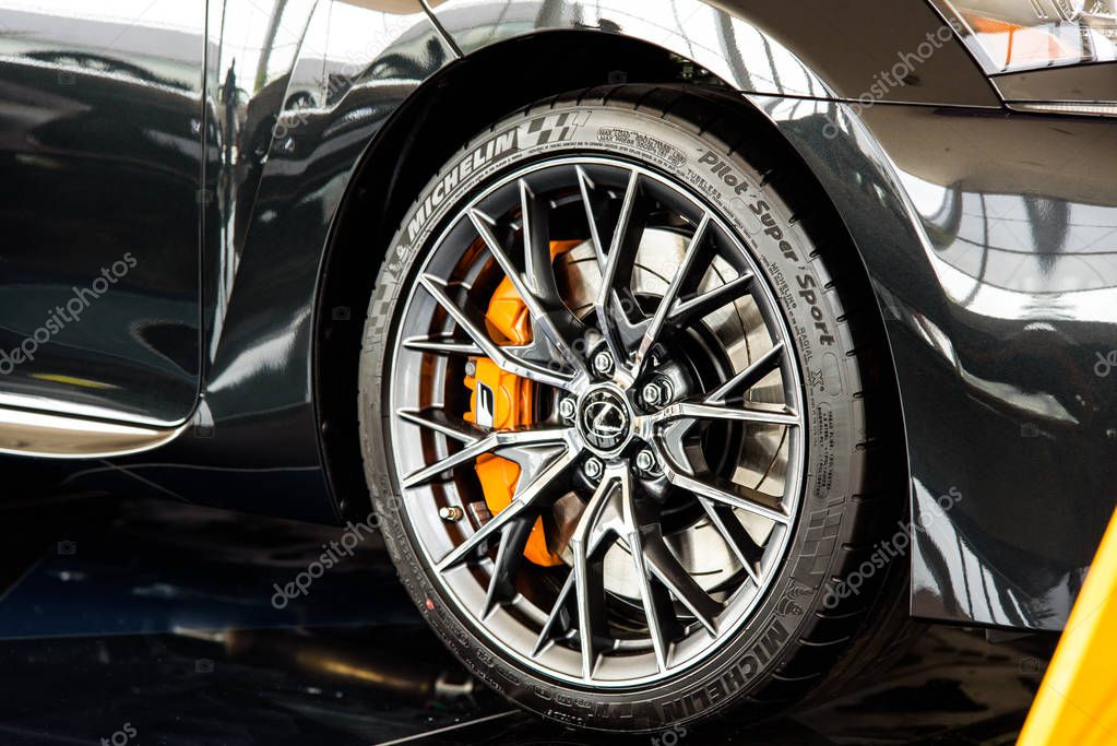 Novokuznetsk, Russia - August 24, 2017: Tire Michelin pilot super sport on Lexus GS F in dealership Lexus in Novokuznetsk