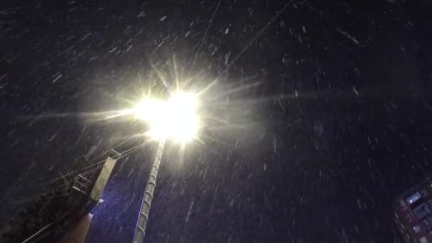 Snow falls at night against a street lamp — Stock Video