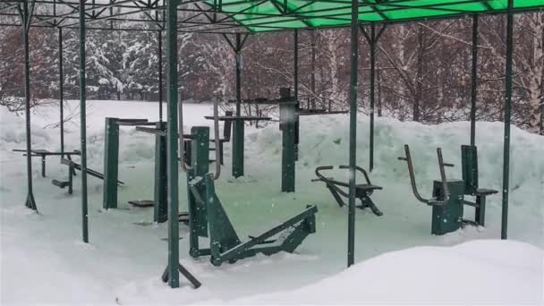 Γυμναστήριο Στην Οδό Τον Χειμώνα Χιονόπτωση — Αρχείο Βίντεο