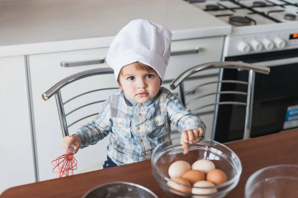 Adorable Little Kid Chef Hat Whisk Eggs Bowl — Stock Photo, Image