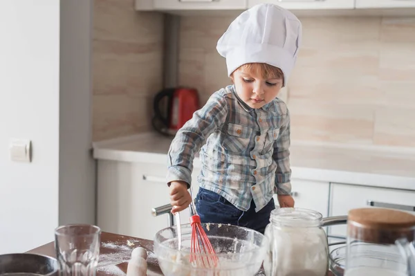 Adorable Little Kid Chef Hat Preparing Dough — Stock Photo, Image