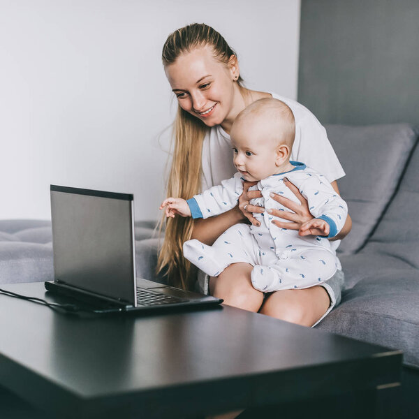 family and laptop