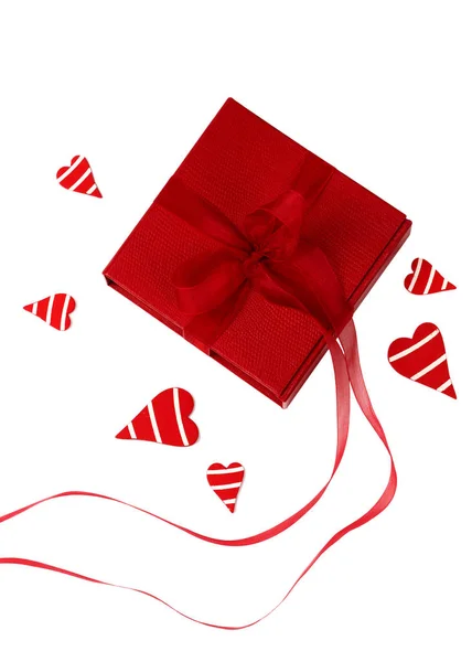 Valentines day background with hearts and a gift box — Stock Photo, Image