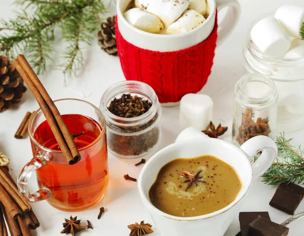 Chocolat chaud avec des marshmallows épicés et du thé épicé — Photo