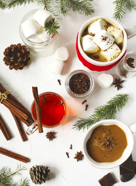 Chocolat chaud avec des marshmallows épicés et du thé épicé — Photo