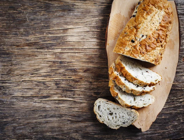 Kalamata olive bread, top view, copy space — Stok fotoğraf