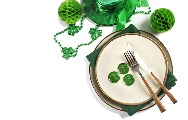 Festive table setting for St.Patrick's day. Copy spase, top view — Stock Photo, Image