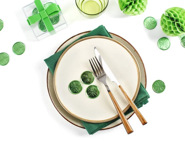 Festive table setting for St.Patrick's day. Copy spase, top view — Stock Photo, Image