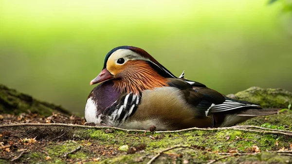 Elegante pato mandarín macho sentado en el suelo en verano desde una vista de ángulo bajo — Foto de Stock