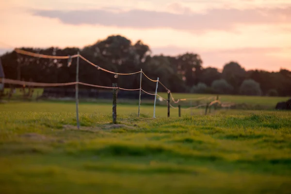 Electric fence on farmland at sunset — Stock Photo, Image