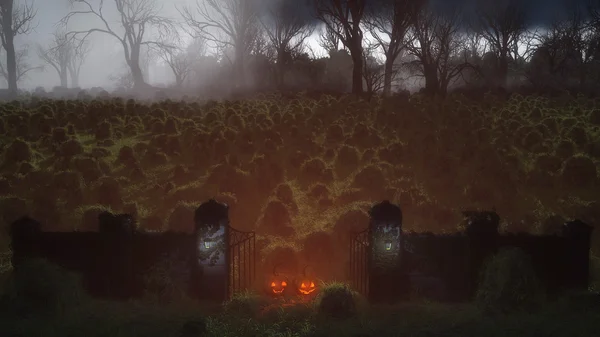 Halloween pumpkins at spooky gates — Stock Photo, Image