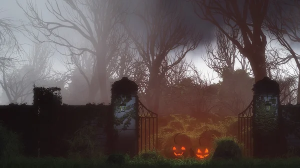 Halloween pumpkins at spooky gates — Stock Photo, Image