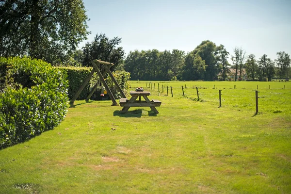 Table de pique-nique en bois dans le jardin — Photo